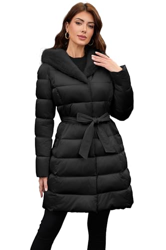PAPILLON D'OR Damen Langer Puffermantel mit Gürtel, Kapuze & Pelzfutter - Knielange Winterjacke mit zwei Reißverschlusstaschen