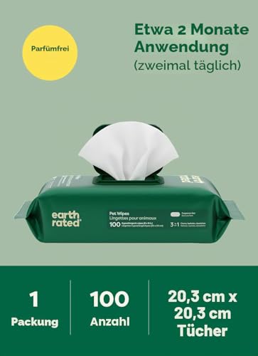 Earth Rated Feuchttücher für Hunde, Dicke Pflegetücher auf pflanzlicher Basis zur einfachen Anwendung an Pfoten, Körper und Hintern, unparfümiert, 100 Stück