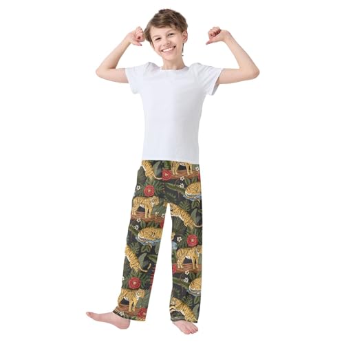 Tiger Red Flowers Boys Long Pants Soft Trousers Elastic Waist Kids Lounge Bottoms with Pockets S-XL2