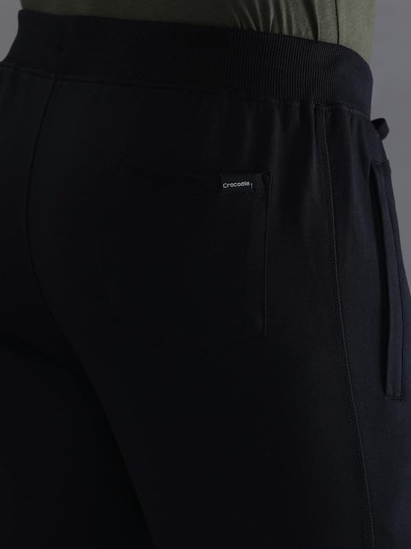 Image of CROCODILE Men Solid Ankle Length Joggers | French Terry Cotton | Drawstring Waist | 3 Pockets