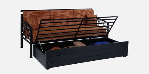 Image of Rokkove 3 Seater Metal Sofa Cum Bed with Hydraulic Storage | King Size Sofa Cuma Bed | Metal Sofa Set for Living Room (Matte Black Finish with Light & Dark Brown Mix Cushion)