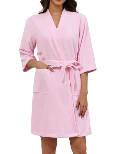 Ekouaer Women Terry Cloth Robes Absorbent Towel Robe Knee Length Soft Bathrobe 3/4 Sleeve Spa Robe with Pockets S-2XL