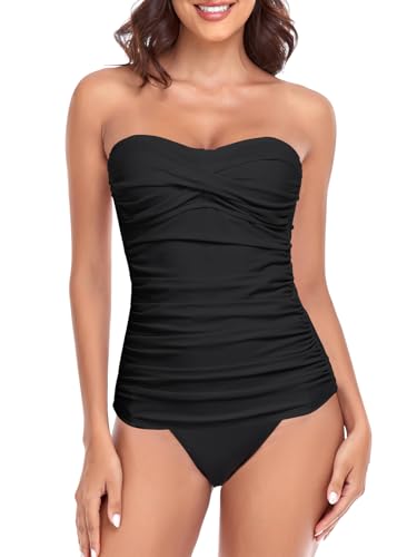 RELLECIGA Women’s Ruched Tankini Sets Tummy Control Two Pieces Bathing Suit Bandeau Tankini with Cheeky Swimsuit Bottom