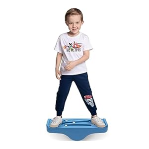 Kids Rocking Seesaw Balance Board Wobble Board with 5 Wooden Balls Sensory Training Rocking Board Balance Training Equipment Children Indoor Outdoor Activity Toy (Blue)