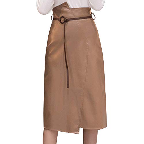 HIENAJ Women's Asymmetric Pencil PU Skirt High Waist Bodycon Faux Leather Midi Skirts Camel