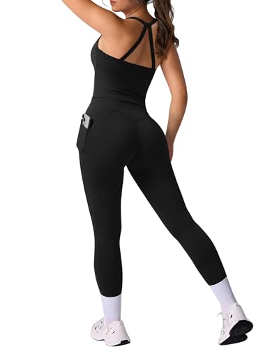 DOULAFASS Rückenfrei Sport Outfit Damen Set Tanktops Butt lift Leggings Gym Set Zweiteiler Workout Sets with Pockets