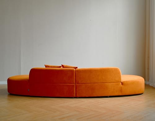 Image of Container Furniture Direct Belmont 132 inch Curved Sofa with Throw Pillows, 6 Seater Luxury Velvet Couch with Half Moon Design and High-Density Foam, Ideal for Living Room, Office & Apartment, Red Orange