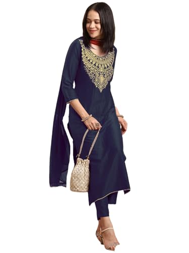 Image of GoSriKi Women's Rayon Viscose Embroidered Straight Kurta with Pant & Dupatta