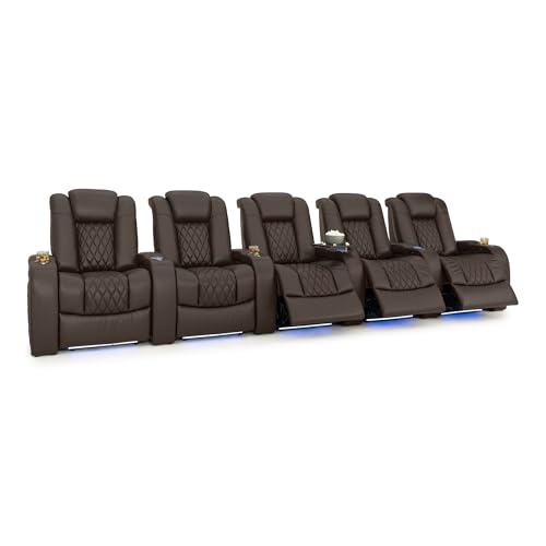 Image of Seatcraft Diamante Brown Italian Leather Home Theater Seating, Zero Gravity Power Recliner Gaming and Home Office Chair, Powered Headrest Lounge Sofa Furniture for Cinema Room, Row of 5