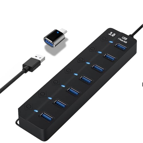 GoodTool USB Hub 3.0 7-Port USB Hubs Portable Multiple Ports Expansion Splitter with Individual On/Off Switches 5Gbps Data Transfer Compatible for Laptop USB Flash Drives (No Power Adapter) G-104