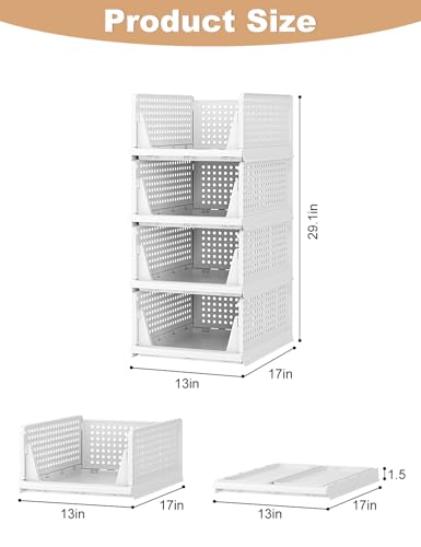 4 Pack Stackable Plastic Closet Organizer, Foldable Storage Baskets for Wardrobe, Suitable for Bedrooms, Bathrooms, Kitc