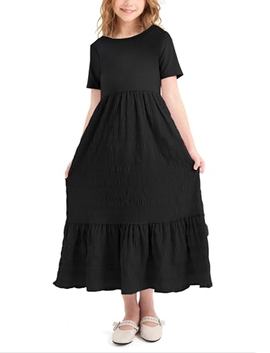 PATPAT Girl's Maxi Dress Boho Short Sleeve Long Dresses Casual Sundress with Pockets 5-14 Years