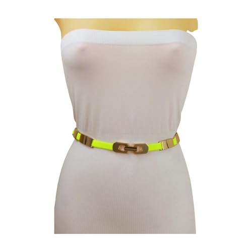 Women Narrow Elastic Fashion Belt Gold Metal Buckle Size S M L Neon Yellow Color4