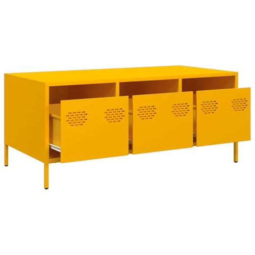 Table basse industrielle jaune moutarde en acier avec 3 tiroirs
