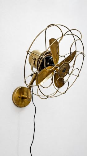 Image of Vintage Royal Navy Wall Mounted Fan, 3 Speed Motor Antique Brass Finish Metal 4 Blade Decorative Wall Fan, Nautical Industrial Style Home Decor for Living Room, Office, Cafe & Restaurant