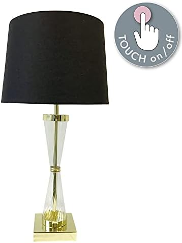 firstchoicelighting Gold with Ribbed Glass Touch Table Lamp or Bedside Light with Black Cotton Fabric Shade, Touch Operated, LED Compatible