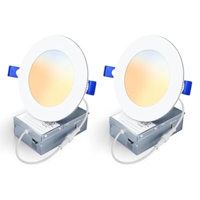 Veriligt 2 Pack 4 Inch 5CCT LED Recessed Light, Silm Canless Recessed Lighting, Dimmable, Damp Rated, 2700K-5000K Selectable, Wafer Ceiling Downlight with Junction Box, 750LM, 9W 120V, ETL&FCC
