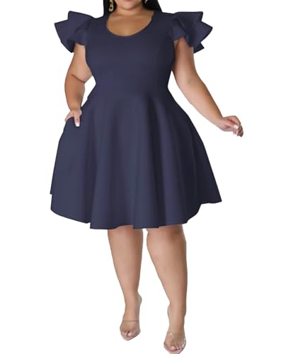 Image of IyMoo Women's Plus Size Cape Flutter Sleeve Stretchy A Line Swing Flared Skater Cocktail Party Dress with Pockets