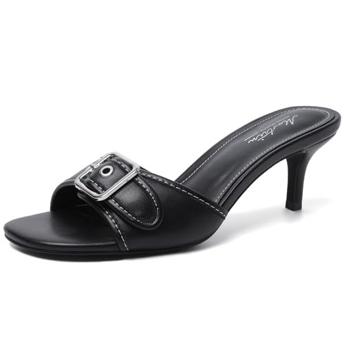 Image of Mostrin Kitten Heels for Women Summer Mules Heels Stiletto Heeled Sandals Slip On Backless Dressy Womens Sandals