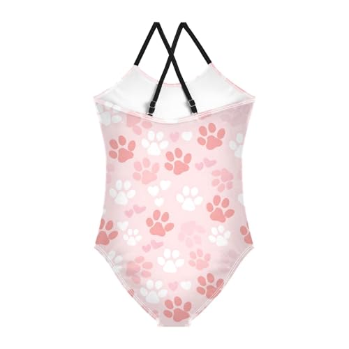 Pink Paw Print Girls Swimsuits Quick Dry Crossback One Piece Beach Swimwear Bathing Suit2