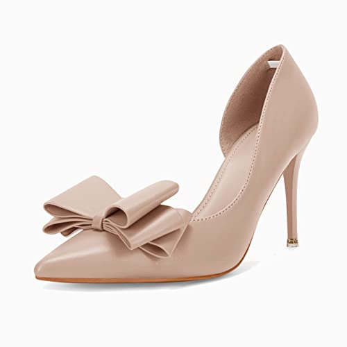 Image of Womens Bow Heels Closed Pointed Toe Dress Shoes Stiletto Slip on Wedding Pumps