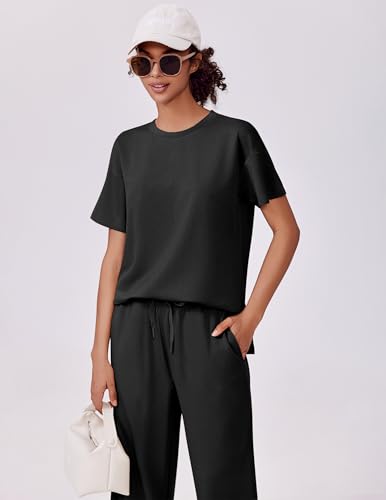 PINSPARK 2 Piece Sets for Women Soft Short Sleeve Matching Lounge Set Wide Leg Pants Tracksuit Travel Summer Outfits 20254