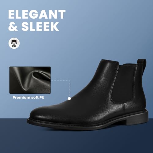 Mens Black Chelsea Boots - Classic PU Slip On Dress Boots with Side Elastic Panels - Comfort Low Heel Ankle Shoes3