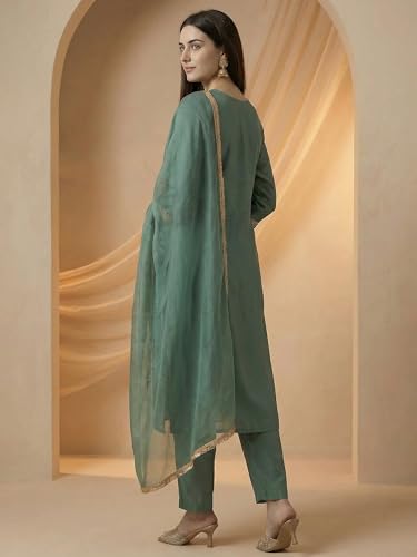 Image of INDO ERA Women's Silk Embroidered Straight Kurta With Pant & Dupatta Set