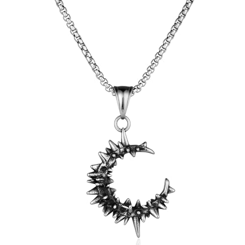 Vintage Stainless Steel Moon Crescent Pendant Necklace for Men Women, 24 inches Chain,Unique