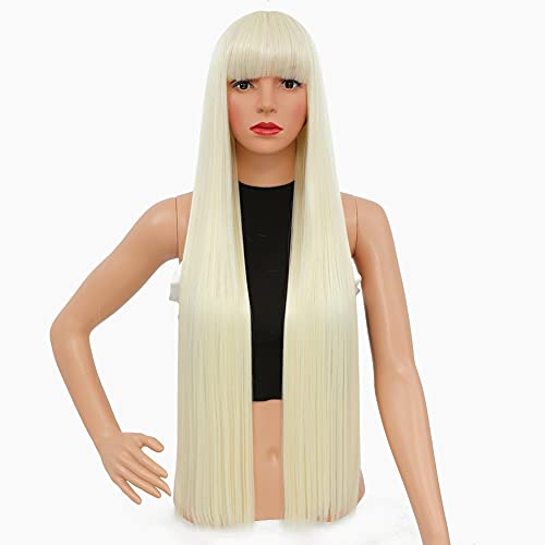 Blonde Wig with Bangs for Women 32 Inch Super Long Straight Wig 613 White Blonde Wigs Middle Part Cosplay Girls Wig