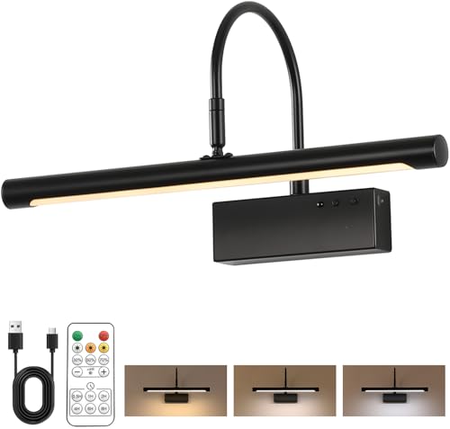 Image of Picture Light, 5000mAh Battery Rechargeable Wall Sconce,16 inch Black Art Painting Light with Remote Dimmable, 3 Color temperatures & Timmer Art Lights for Paintings,Picture Frame,Gallery