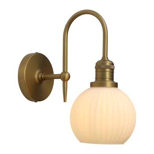 Image of Pathson Milky White Glass Globe Wall Sconce Light, Hardwired Wall Vanity Lighting, Curved Metal Rods Design, Mid-Century Bathroom Wall Lamp Decor for Living Room