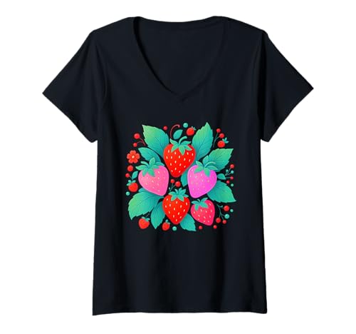 Mujer Fresas frutales botánicas lindas y dulces fresas frutales Camiseta Cuello V
