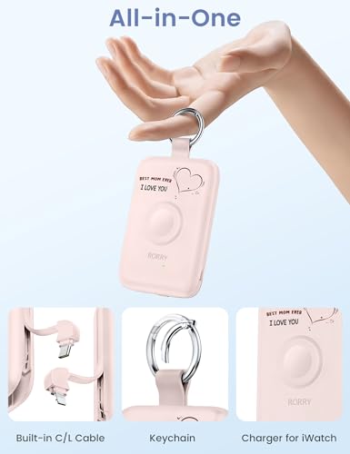 Image of RORRY CharmGo Portable Charger, 10000mAh 20W Fast Charging Portable Charger Power Bank with Built in Cables, Travel Battery Pack for iPhone 17 /16 /15 /14 /13 /12 and Apple Watch, Mom-Pink