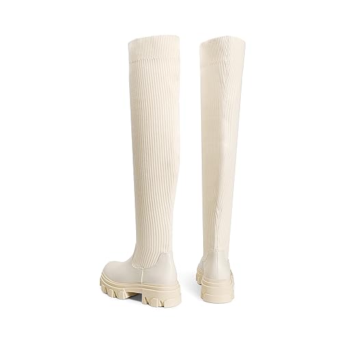 DREAM PAIRS Women's Sdob222w-1 Over The Knee Platform Thigh High Boots Long Stretch Soft Chunky Lug Sole Fall Fashion Boots, Beige Knit, Size 9