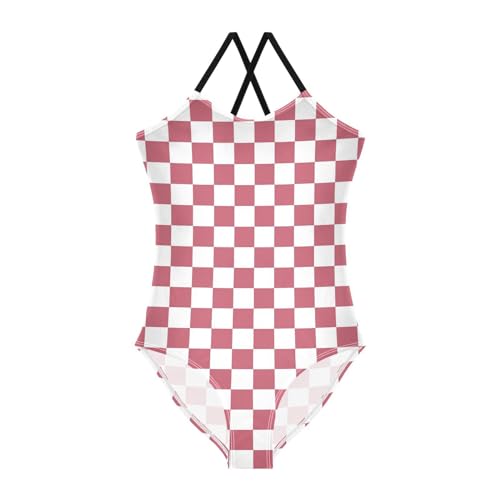 Image of Black and White Chess Girls One Piece Swimsuits Board Marble Tile Sport Halter Swimwear Beach Bathing Suit 3T