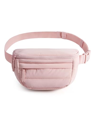 BAGSMART Fanny Packs for Women Two Way Zipper Belt Bag with Adjustable Strap Puffy Fashion Waist Packs for Traveling Workout Pink