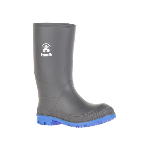 Kamik Stomp Rain Boot for Kids - Waterproof and Warm Felt Footbed Designed for Rainy Day Adventures, Charcoal/Blue - 13 Little Kid