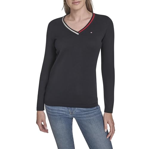 Tommy Hilfiger Women's Sportswear Soliv V-Neck Cotton Ivy Sweater, Sky Captain Multi, Large