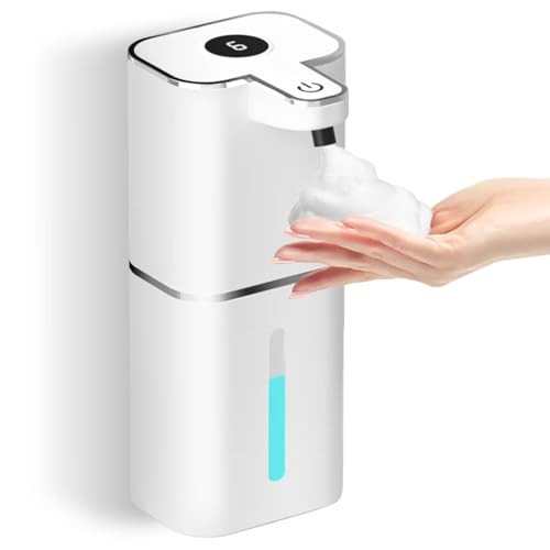 400ML Blanco Dispensador Jabon Baño Automatico con 2 Ganchos y Cable USB, 6 Niveles Ajustables Dispensador Jabon Cocina con Sensor, Resistente al Agua IPX5 para Cocina, Baño, Escuelas, Aseo, Familia