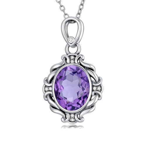 925 Sterling Silver Natural Amethyst Necklace for Women Oval Gemstone Birthstone Pendant for Her