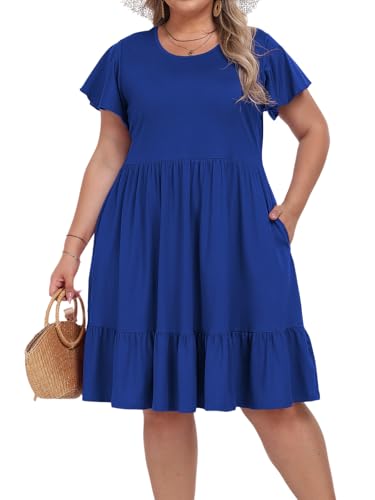 Image of Moon Wood Summer Midi Dresses for Women Casual Ruffle Short Sleeve Floral Dress with Pockets Deep Blue XL