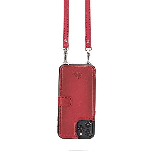 Venito Fermo Leather Wallet Case Compatible with iPhone 12 Pro Max – Crossbody Strap - Extra Secure with RFID Blocking (Burnt Red)