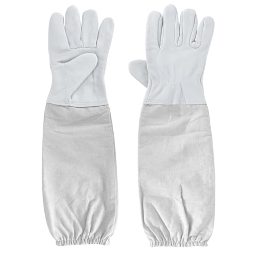 Imkerhandschuhe Stichfest, Imker Handschuhe Herren Damen Weiß, Ziegenleder Arbeitshandschuhe Gartenhandschuhe 48 cm Lang, Lange Ärmeln aus Segeltuch, Imkereibedarf Zubehör