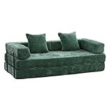 Chenille Fabric Compression Sofa for Living Room Bedroom Floor Couch Convertible Floor Sofa Bed with Pillow Back Support & Armrest, Chenille Futon Lounger, Dark Green, 3-Seat, 76.77"