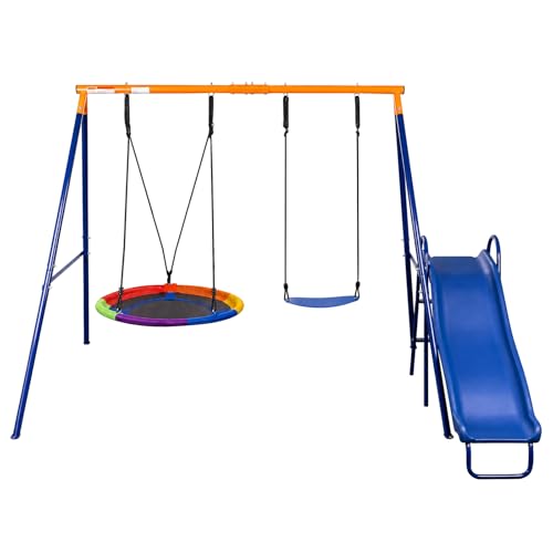 HLC Outdoor Swing Set with Slide & Nest Swing - Metal A-Frame 247x220x179cm