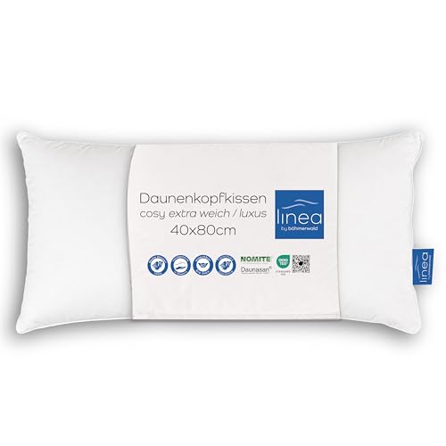 sleepling 190022 Komfort 100 Kopfkissen | Ökotex | waschbar bis 60 Grad | Made in EU | Füllmengengarantie | Größengarantie | 40 x 80 cm, weiß 6 Böhmerwald Luxus Kopfkissen, 100 % Daunen, Füllgewicht: 300 g, Stützkomfort: extra weich, 40 x 80 cm