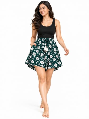 Image of B STORIES Women's Flared Shorts - Culottes with Pockets|Soft Viscose Lounge & Beach Wear|Mid-Rise Elastic Waistband|Casual Indo-Western Half Pants|Summer Resort & Everyday Wear for Women