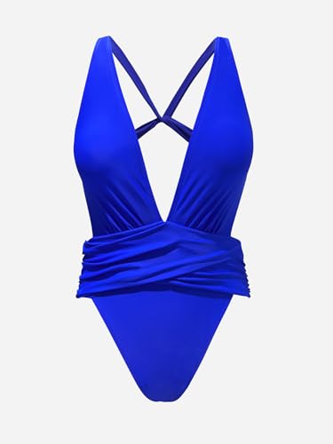 Image of CUPSHE One Piece Swimsuit for Women Bathing Suit Cut Out Cross Back Tie Deep V Neck Ruched High Cut