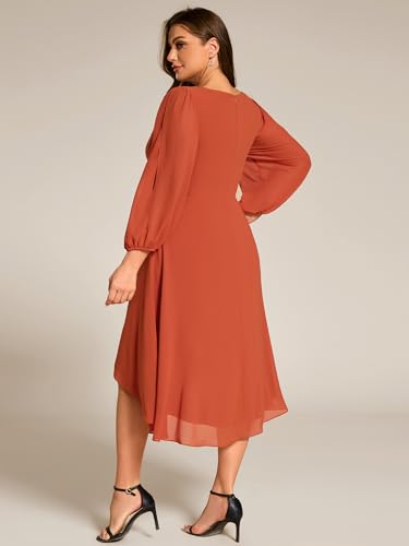 Ever-Pretty Plus Women's Trendy V Neck Hollow Out Long Sleeves Chiffon Applique Plus Size Midi Semi Formal Dresses 02926-DA2